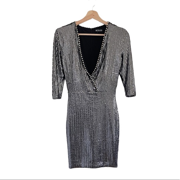 Nadine Merabi Katia Sequin Studded Plunging Mini Dress Silver Black Small - Picture 5 of 16